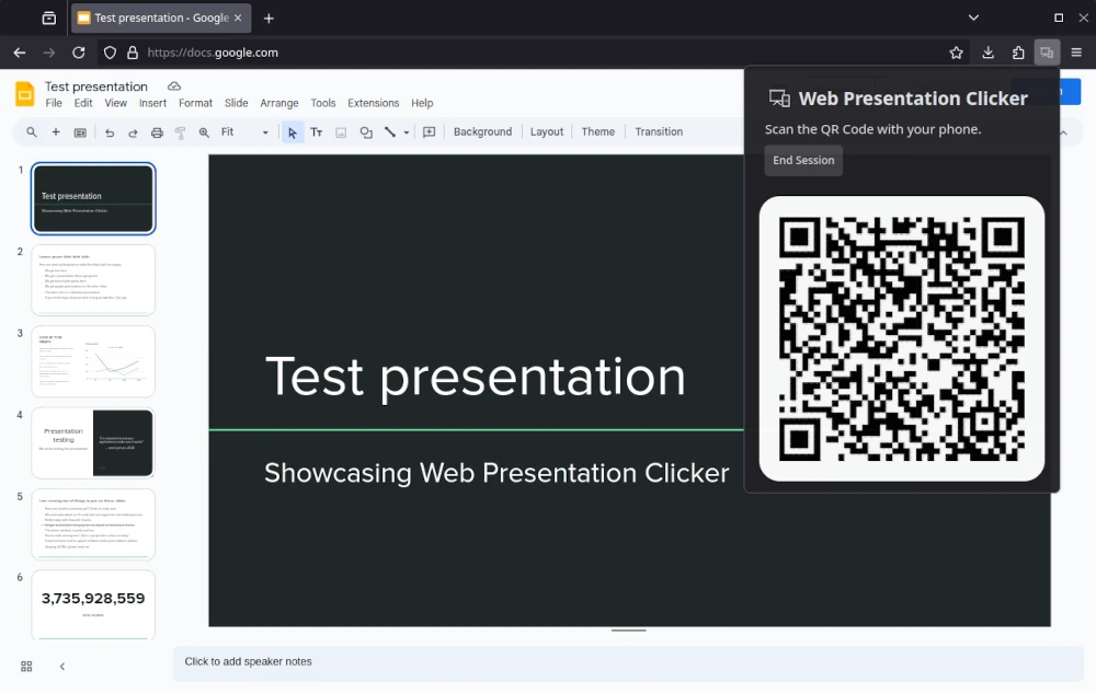 Web Presentation Clicker extension showing the pairing QR code